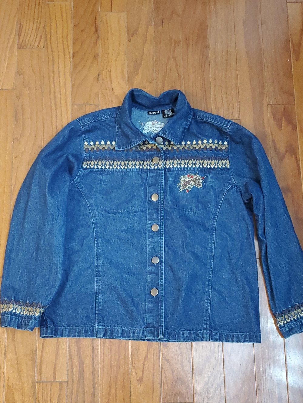 NorthCrest Fall Theme Snap Front Embroidered Jean Jacket, Sz Large Blue Denim